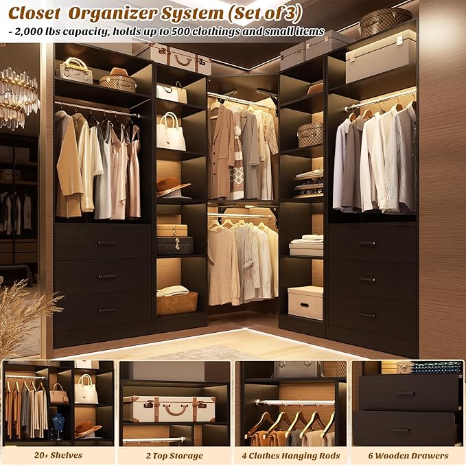 Corner Closet System with 6 Drawers, Closet Organizer System with 14 Shelves & 4 Hanging Rods, 87.2"L * 39.2"W / 63.2"L * 63.2"W Reversible L Shaped Walk-in Closets, Load 2500+LBS, Black