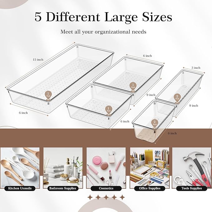 Criusia Clear Drawer Organizer 7 PCS - 5 Size Plastic Versatile Kitchen and Bathroom Organizer Trays, Non-Slip Storage Bins for Makeup, Utensils, Tool and Office Desk