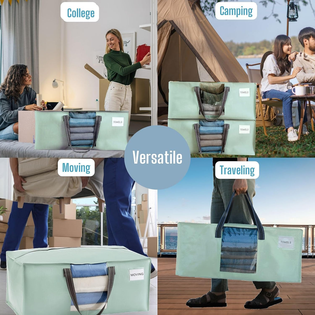 VENO 8 Pack Moving Bags for College, Heavy-Duty Storage Totes, Moving Boxes and Wardrobe Packing Supplies Alternative - Extra Large Durable Laundry Bags for Clothes (Shiny Light Green, 8 Pack)