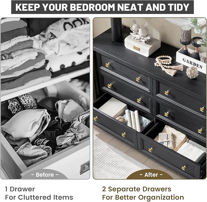 Black Dresser, Farmhouse 6 Drawer Dresser for Bedroom, 52 inch Wide Dressers with Deep Drawers, Vintage Dressers, Solid Wood Chest of Drawers for Bedroom, Nursery