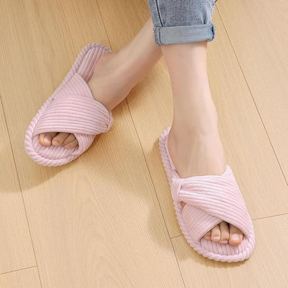 Evshine Summer House Slippers for Women Corduroy Cross Bow Indoor Slippers Open Toe Slip On Bedroom Shoes with Memory Foam
