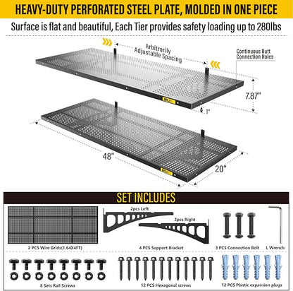 2Pack 1.64x4ft Adjustable Metal Garage Wall Shelving Heavy Duty Garage Storage Shelf Wall Mounted Black