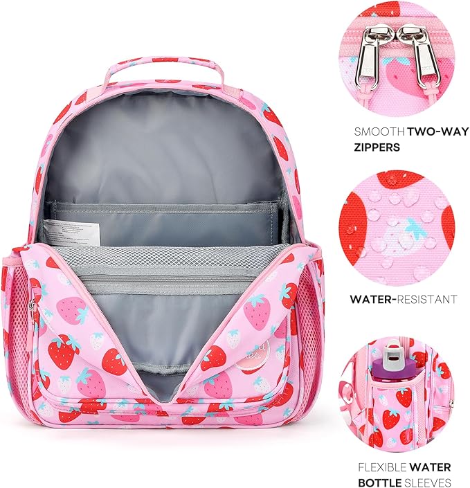 mibasies Girls Backpack 5-8: Lightweight Kids Backpacks for Girls - Girl Bookbag for Elementary School - Assorted Strawberry Pink