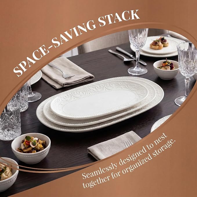 Oval Serving Platter, Embossed White Serving Plates, Stackable Porcelain Tray