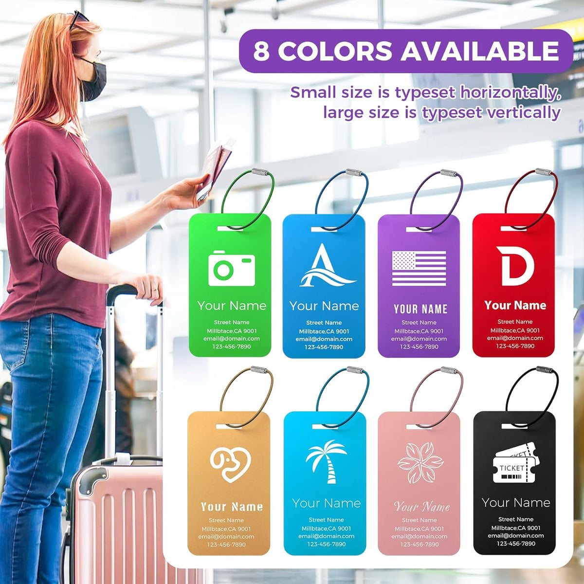 Personalized Luggage Tags, Custom Luggage Tags 4 Pack TSA Approved Double Sided Laser Engraving, Metal Luggage Tag for Suitcases with Stainless Loops, Name Tag for Bags, Backpacks (Purple)