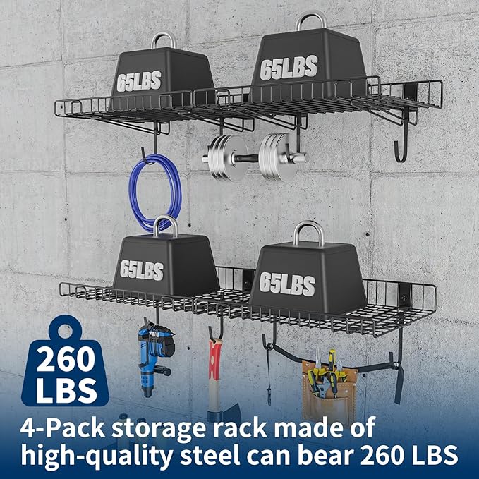 4 Pack Garage Wall Shelf, Wall Mounted Storage Shelves, Heavy Duty Metal Shelves for Room Wall, Loads 260 LBS Floating Shelves Mesh Storage Rack for Garage, Office, Basement,Wall Cabinet and Kitchen