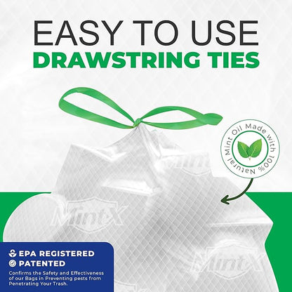 Mint -X Rodent Repellent Indoor Tall Kitchen Drawstring Trash Bags with Mint-Flex Technology; 13 Gallon, 120 Count, White