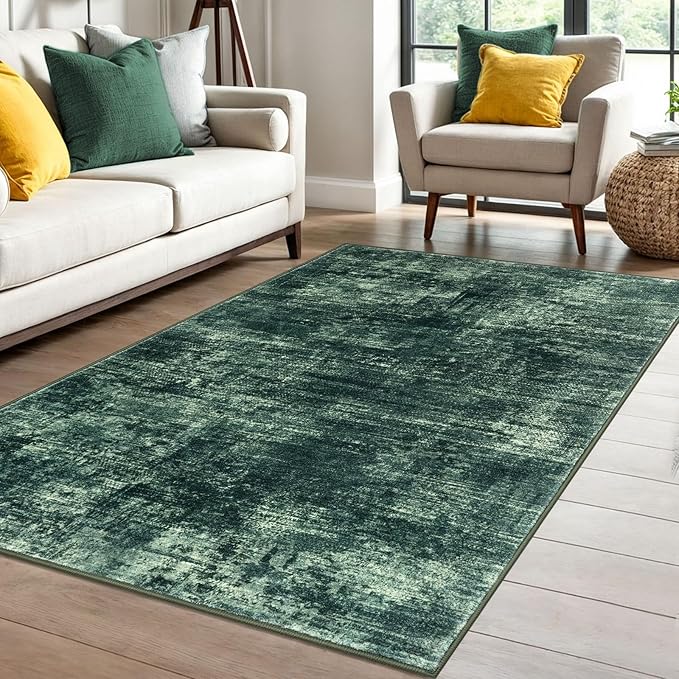 IOHOUZE Abstract Area Rug 4x6 Ft Washable Rugs for Entryway Indoor, Non Slip Small Living Room Rugs Printed Faux Wool Throw Rug, Floor Carpet for Kitchen Nursery Playroom, Dark Green