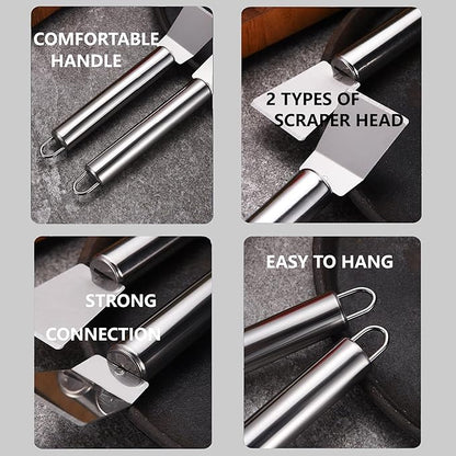 2 PCS Stainless Steel Scrapers – Multifunctional Scraper Cleaning Tool for Cookware, Stovetop, Adhesive, Oven Racks, Grout, Grill & Glass, Durable Scraper for Kitchen & Home, Fridge Cleaning
