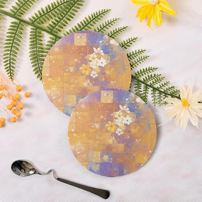 Retro Checker Board Groovy Flower Oil Painting Coaster