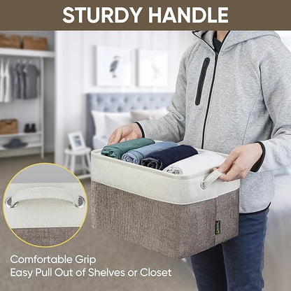 BALEINE 4 Pack Fabric Storage Bins for Shelves, Linen Storage Baskets for Organizing, Decorative Closet Bins for Clothes, Home (Brown, 15"x11"x9.5")