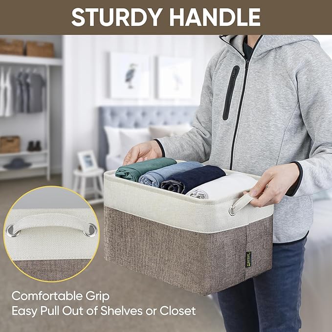 BALEINE 3 Pack Fabric Storage Bins for Shelves, Linen Storage Baskets for Organizing, Decorative Closet Bins for Clothes, Home (Brown, 15"x11"x9.5") ﻿