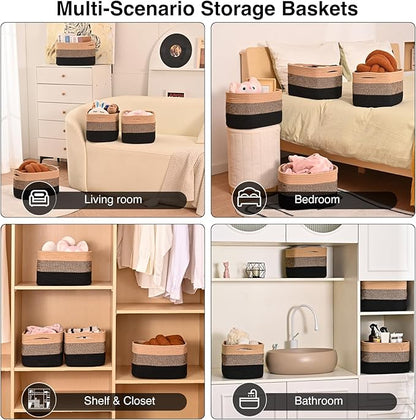 Storage Baskets for Shelves Organizing, Woven Cotton Rope Baskets for Storage, Book Basket, Towel Basket, 12.5"Lx9.1''Wx7.9''H (4 Packs) Gradient Black & Jute