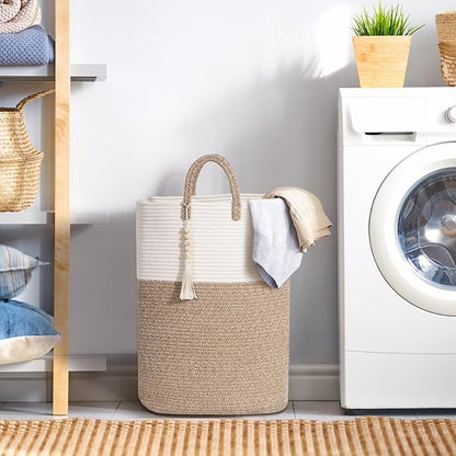 65L Woven Laundry Basket for Clothes, Large Rectangle Laundry Hampers with Beads Tassel, Nursery Storage Basket for Toys, Tall Dirty Clothes Hamper for Bedroom Aesthetic, Laundry Room Organization