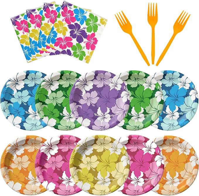 Hawaiian Luau Party Decorations, Tropical Hibiscus Tableware Set