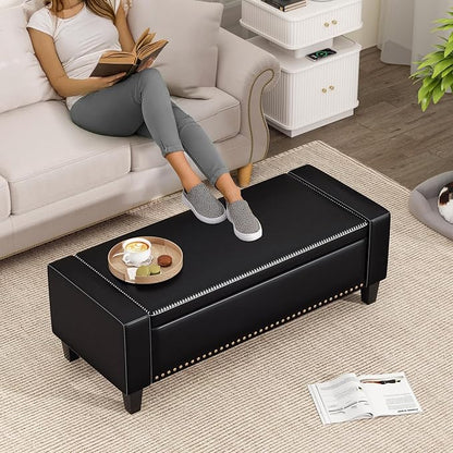 48.8" Storage Ottoman Bench Black | Faux Leather Bedroom Bench with Lift Top for Living Room & Bed End