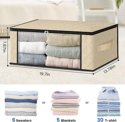 HomeHacks Storage 4-Pack Clothes Organizer Storage Bags Foldable Storage Box with Large Clear Window Sturdy Handles for Closet, Dorm, Pillows, Bedding, Clothes, Blankets, 35L, Beige