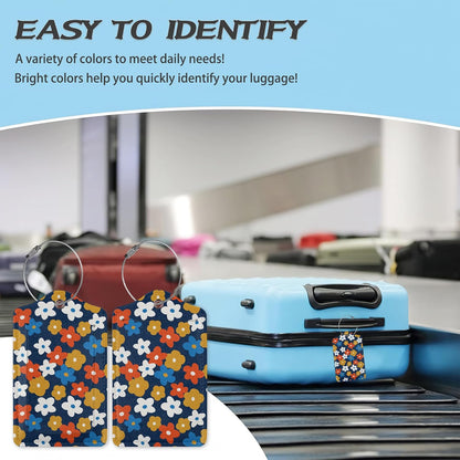 3 Pack Luggage Tag for Suitcase,Vintage Groovy Flowers Leather Luggage Tags with Privacy Cover Name ID Label Identifiers Travel Bag Tags for Women Men Boys Girls