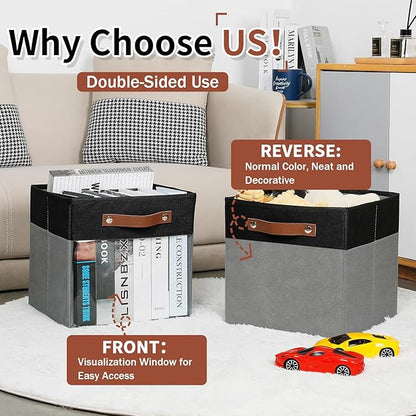 HNZIGE Cube Storage Bins 11 x 11, Fabric Cubes Storage Bins 11x11 Clear Storage Organizer,Canvas Storage Bin for Cube Storage, Cubby Collapsible Organizer Bin for Organizing Home(Gray Black 6PCS)
