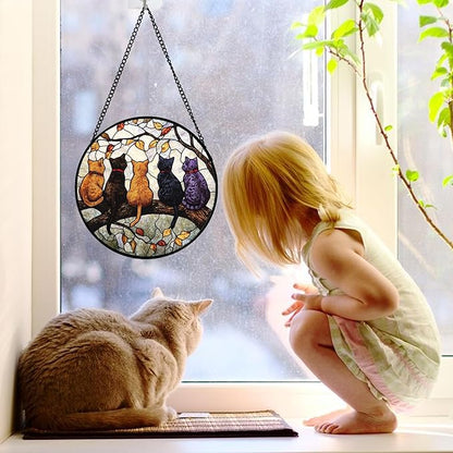 Stained Glass Window Hanging - 5 Cats on a Branch Suncatcher for Window Doors Home Decoration and Christmas, Mother's Day Father's Day Birthday Gifts for Women, Men, and Mom 6.3x6.3 in