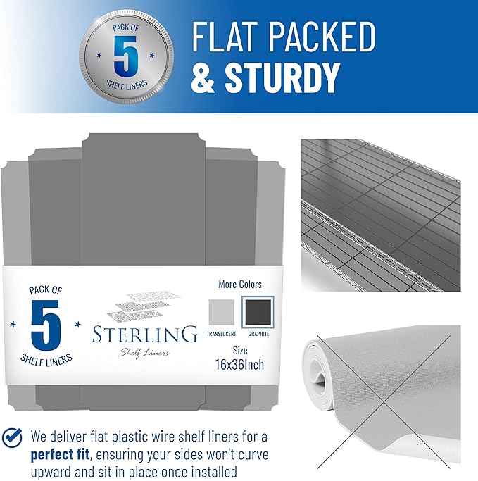 Sterling Shelf Liners for Wire Shelf System: Set of 5 in Graphite: 16 x 36 inch: Plastic Wire Shelving Mats
