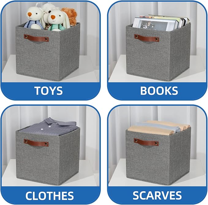 Temary 11 Inch Cube Storage Bins 4PCs Fabric Storage Cubes Storage Baskets Organizer with Handles, Foldable Baskets for Organizing Clothes, Toys, Towels (Grey, 11x11x11)