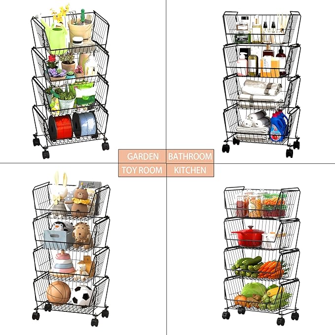 PUSDON 4-Tier Stackable Metal Storage Baskets, Anti-Rust Fruit Vegetable Rack, Dual Use Shelf for Kitchen, Home & Office, Black