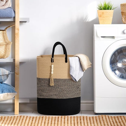 Woven Laundry Basket for Clothes, 80 L Large Rectangle Laundry Hampers with Beads Tassel, Nursery Storage Basket for Toys, Tall Dirty Clothes Hamper for Bedroom Aesthetic, Laundry Room Organization