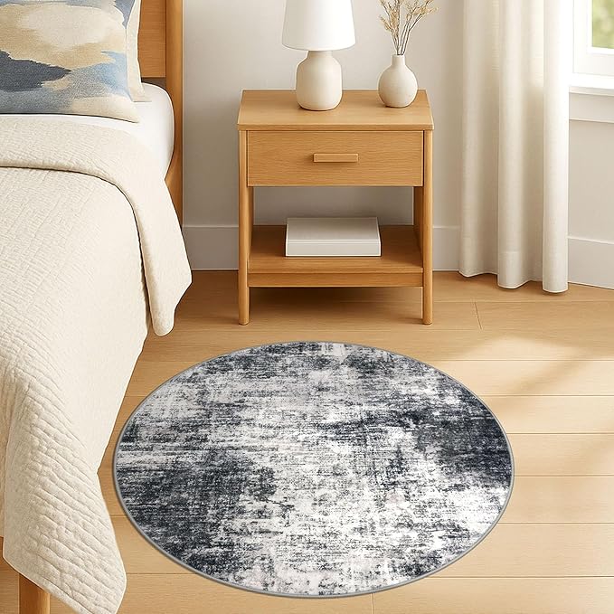 IOHOUZE Round Area Rug 3 Ft Circle Entryway Rugs Round Washable Door Mat Indoor Entrance, Non Slip Circle Front Door Rug, Printed Abstract Faux Wool Floor Carpet for Foyer Porch Sink, Black Grey