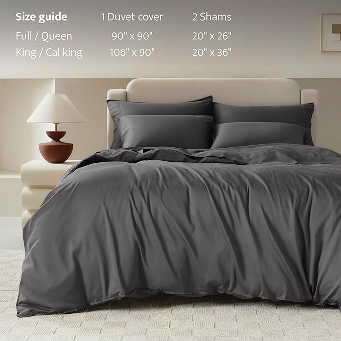 Double Stitch Cotton Tencel Duvet Cover - King Size Comforter Cover, Luxury & Soft Eucalyptus Lyocell Bedding Set for Hot Sleepers, Cooling, Smooth & Breathable, Button Closure, Ash Black, 106"x90"