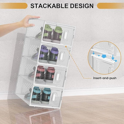 BALEINE 12 Pack Stackable Shoe Storage Boxes Fit Size 11, Thickened Clear Shoe Box Bins with Lids, Plastic Foldable Organizer Sneaker Storage Containers (X-Large, White)