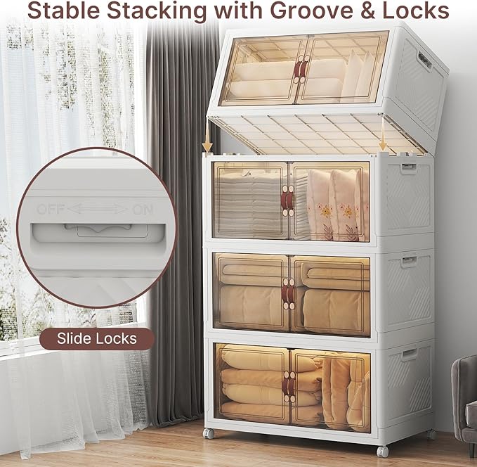Extra Large Stackable Storage Bins with Lids & Wheels & Door, 660QT-165QT/41GAL*4Pack Foldable Collapsible Closet Organizers, Plastic Containers Drawers for Bedroom Dorm Garage