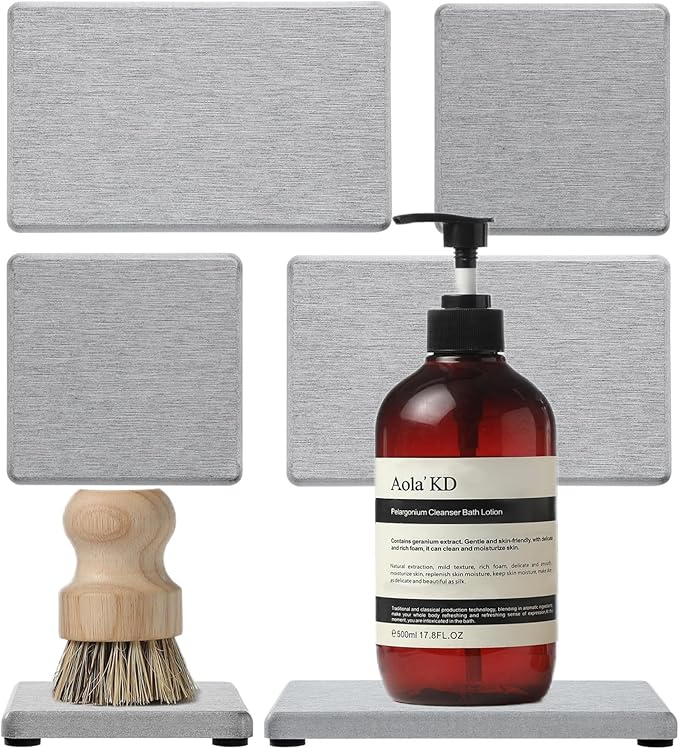 4PCS Bathroom Sink Vanity Trays, Diatomaceous Earth Quick Stone Drying Mat Kitchen Counter Dish Soap Dispenser Sponge Holder, Water Absorbing Caddy Organizer for Bottle & Cup, Light Gray