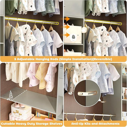 Closet System - 4.75-8FT Closet Organizer System with Wooden Drawers & Cube Storage Organizer, Up To 96" Closet Systems for Nursery & Walk-In Closets with Cuttable Hanging Shelving, Crab Green
