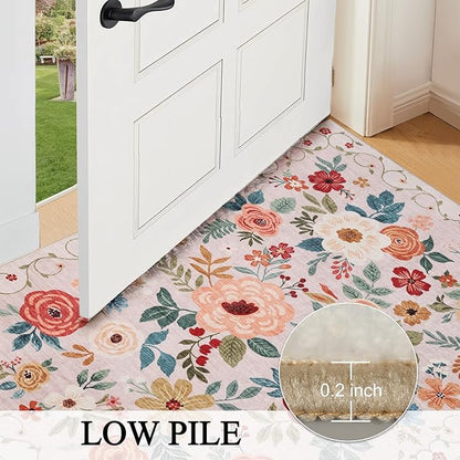 DUKINO 4x6 Feet Office Chair Mat, Lightweight Non Slip Washable Floral Area Rug, Indoor Low Pile & Non-Shedding Boho Design Rugs for Bedroom, Living Room, Dining Room, Beige