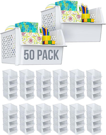 Skywin Plastic Stackable Storage Bins for Pantry - Stackable Bins for Organizing Food, Kitchen, and Bathroom Essentials (White - 50 Pack)