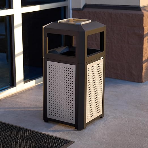 Safco Evos Steel Trash Can, 15 Gallons, Indoor and Outdoor Use, Heavy Duty Garbage Can with Plastic Liner and Ashtray