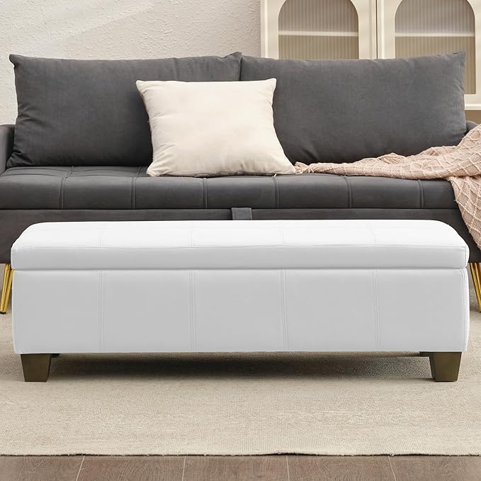 51 Inch Faux Leather Ottoman with Storage, End of Bed Bench with Large Storage, Rectangular Extra Long Bench for Bedroom and Living Room, White