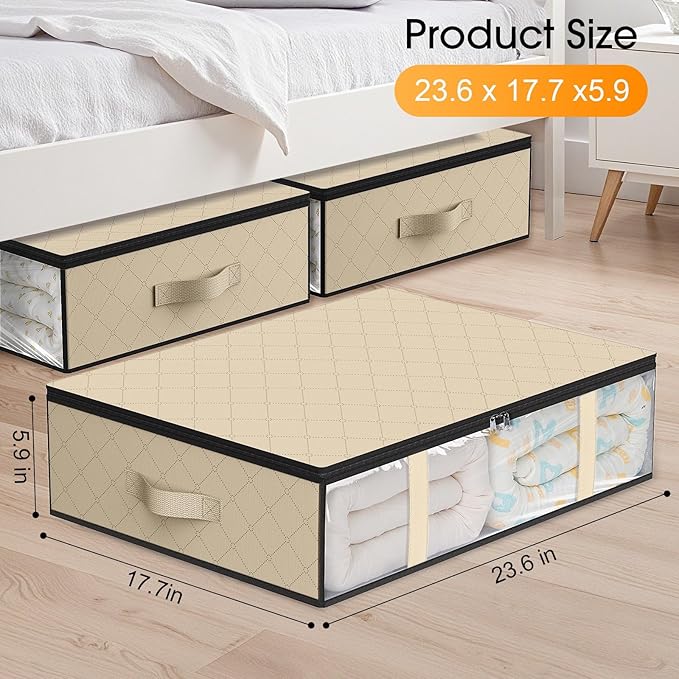 StorageRight Under Bed Storage Bins, 3-Pack 40L Foldable Fabric Storage Bags with Transparent Window, Breathable Organizer for Clothes/Blanket/Comforter/Quilts,Beige