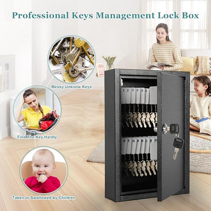 KYODOLED Key Storage Lock Box Wall Mount, Locking 40 Key Cabinet Holder Box with Key Lock, Hooks & Labels, 2.5" D x 8.1" W x 12.1" H