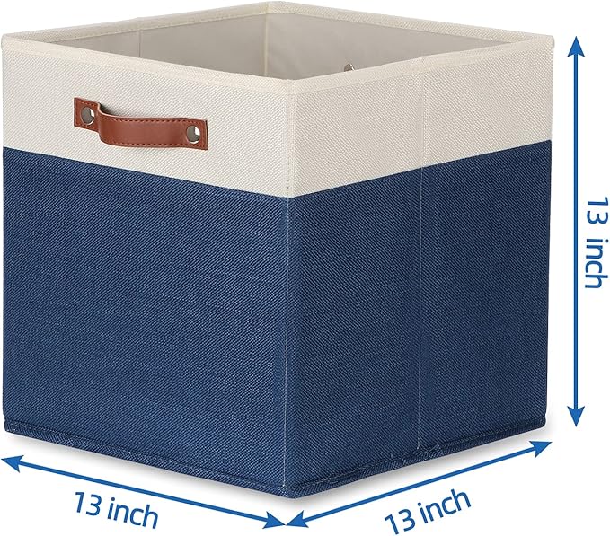Temary Fabric Storage Bins for Cube Organizer 4 Pack Cube Storage Bins 13 Storage Cubes for Shelves Storage Baskets for Organizing Books, Clothes, Towels (White & Blue, 13x13x13 Inch)