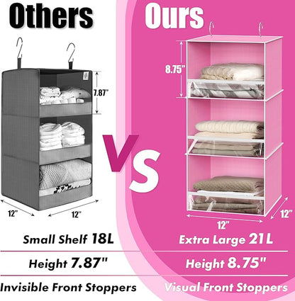 Simple Houseware 3 Shelf Hanging Closet Organizer with Front Stopper, Pink