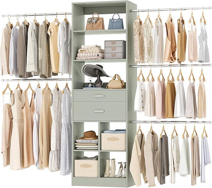 Closet System, 4-8 FT Closet Organizer Tower with 2 Wooden Drawers and Shelves, Can Fit 60 to 96 inch Walk-in Closet System with 5 Hang Rods, Built-in, Crab Green