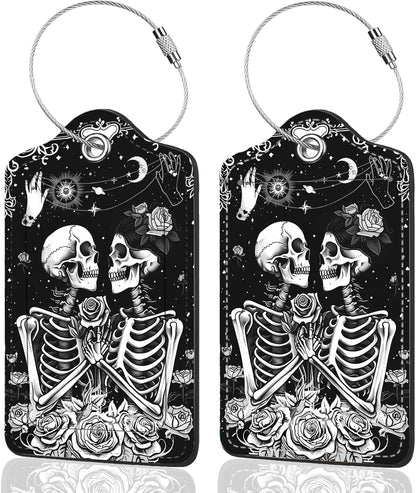 2Pack Luggage Tags for Suitcases, Cute Unique Pu Leather Cruise Luggage Tag with Privacy Cover ID Label Address Card and Metal Ring Suitable for Women Men Kids Travel Bag Skeletons and Flowers