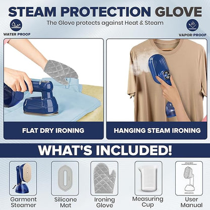 Humse Portable Steamer for Clothes – 2 in 1 Travel Steamer Iron For Clothes, Light Weight with 230ml Water Tank- 20s Heat-up 1050W garment steamer, Fabric Wrinkle Remover with 180° Handle (Blue)