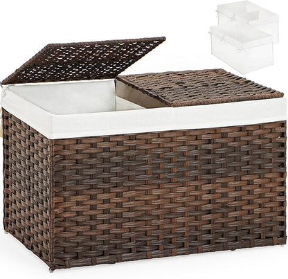 Storage Basket with Lid Wicker Baskets for Storage with 2 Separate Lid 42.3 Gallon (160 L) 29.9 x 17.3 x 18.1 Inches Rattan Woven Large Wicker Basket with 2 Liners for Bedroom Laundry Brown