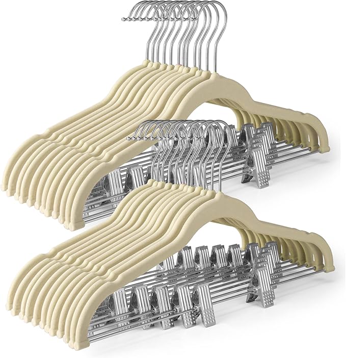 HOUSE DAY Velvet Skirt Hangers 24 Pack, Beige Velvet Pant Hangers with Adjustable Clips, Space Saving Slim Shorts Hanger, Heavy Duty Non Slip Clip Hanger for Pants, Skirts, Shorts