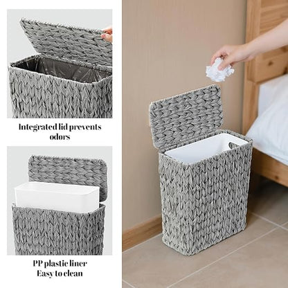 3 Gallon Wicker Trash Can,Grey Bathroom Trash Cans with Lid,Waterproof Slim Waste Basket for Bedroom,Home Office,Narrow Garbage Can with Removable Liner