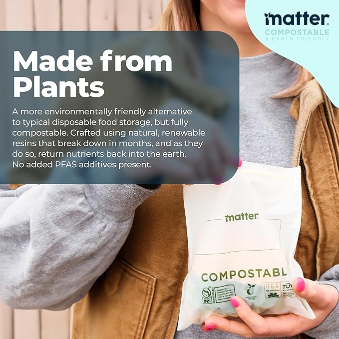 Matter Compostable Assorted Kitchen Bags, 230 Count, Biodegradable, Eco-Friendly Resealable Food Storage Variety Pack, 80 Snack, 80 Sandwich, 50 Quart & 20 Gallon