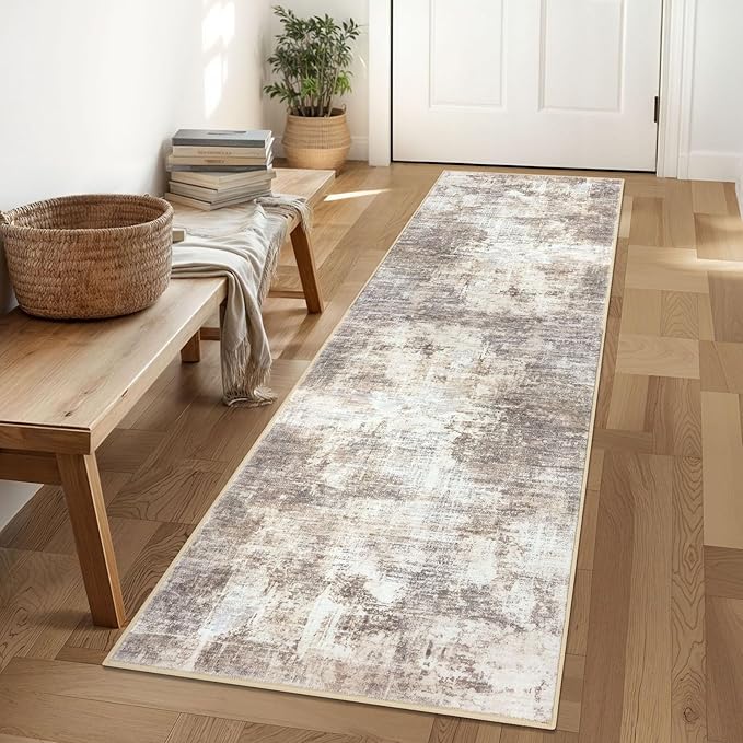 IOHOUZE Abstract Runner Rug 2x6 Ft Washable Runners for Hallways, Non Slip Kitchen Runner Printed Faux Wool Entryway Runner Indoor, Modern Abstract Floor Carpet for Hall Kitchen Bedroom, Beige Brown
